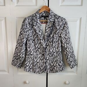 Darjoni Womens Black & White Tapered Waste Blazer Jacket Size Med Abstract Artsy